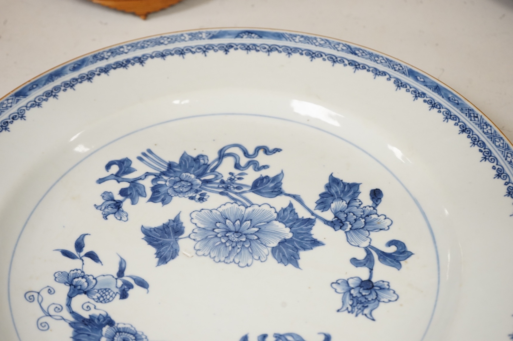 An 18th century Chinese blue and white export dish, 35cm diameter